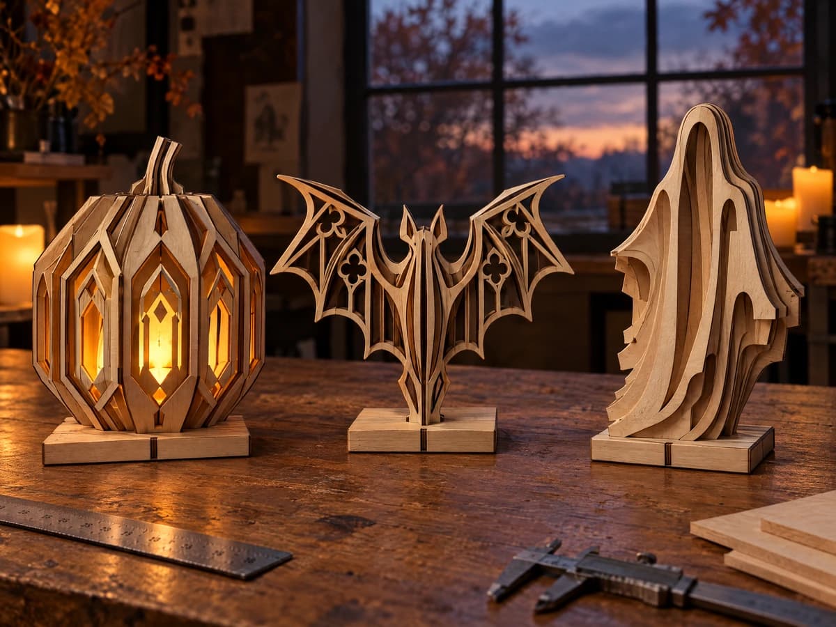 Real 3mm birch wood laser cut standing Halloween sculptures on maker workbench